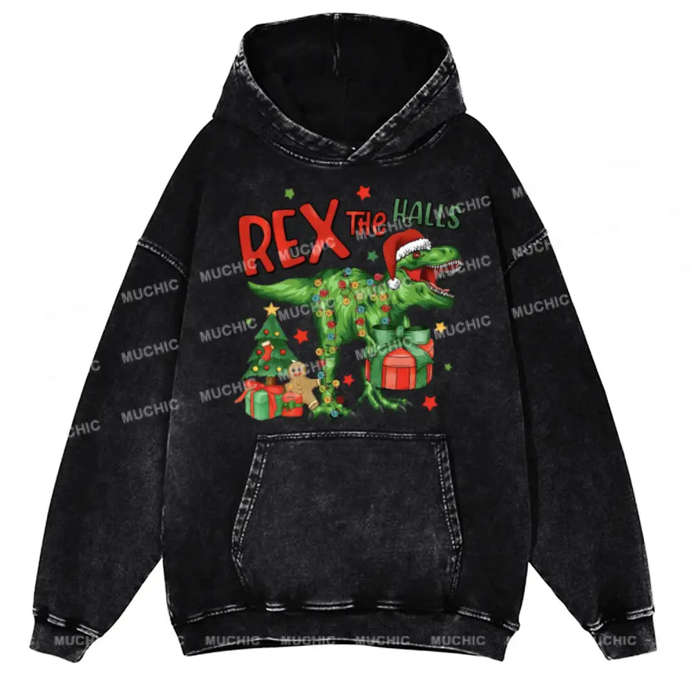 Muchic Rex The Halls Unisex Printed Casual Washed Plush Thickening Hoodie Sweatshirt Black / M