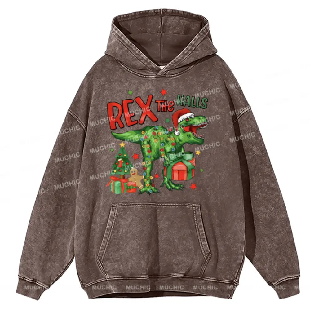 Muchic Rex The Halls Unisex Printed Casual Washed Plush Thickening Hoodie Sweatshirt Peru / M