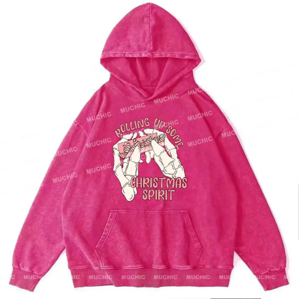 Muchic Rolling Up Unisex Printed Casual Washed Plush Thickening Hoodie Sweatshirt Hotpink / M