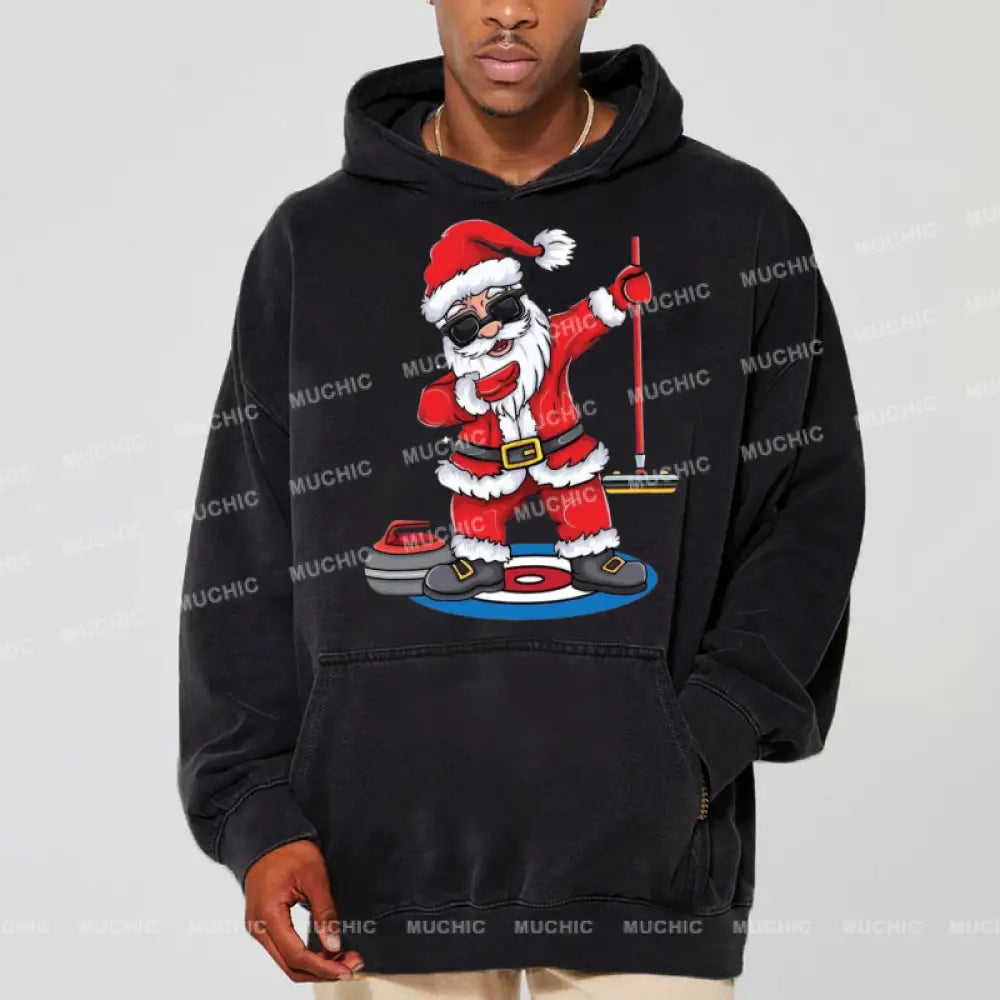 Muchic Santa Claus Unisex Printed Casual Washed Plush Thickening Hoodie Sweatshirt