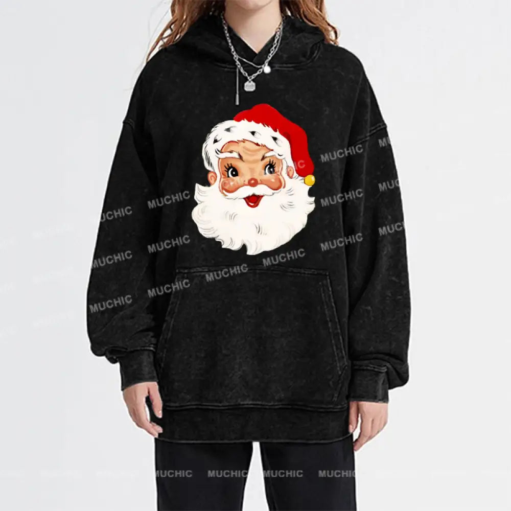 Muchic Santa Claus Unisex Printed Casual Washed Plush Thickening Hoodie Sweatshirt