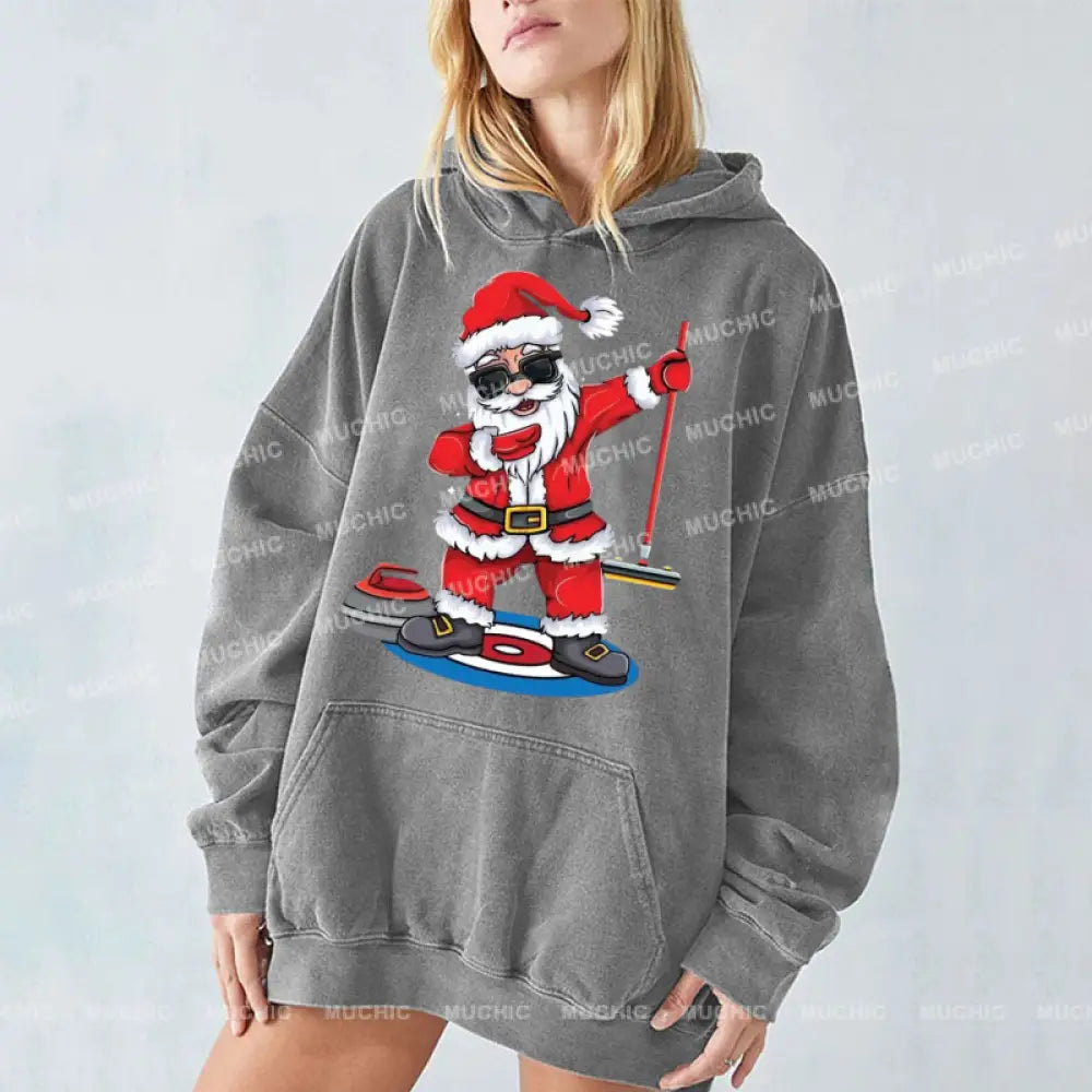 Muchic Santa Claus Unisex Printed Casual Washed Plush Thickening Hoodie Sweatshirt