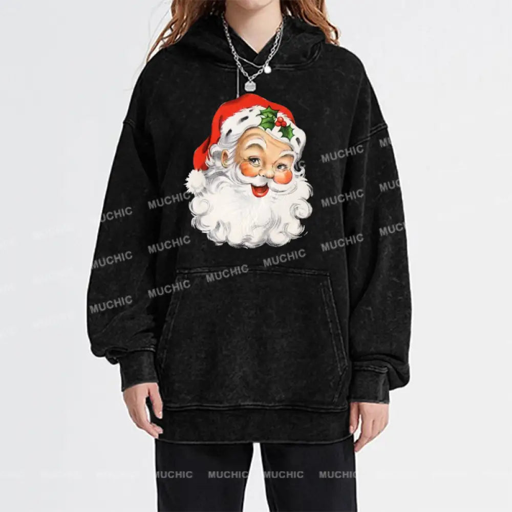 Muchic Santa Claus Unisex Printed Casual Washed Plush Thickening Hoodie Sweatshirt