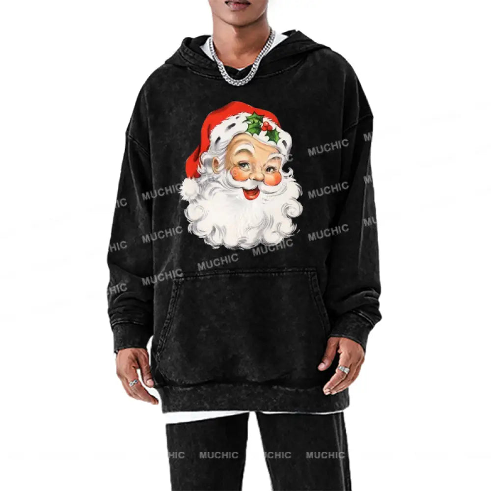 Muchic Santa Claus Unisex Printed Casual Washed Plush Thickening Hoodie Sweatshirt