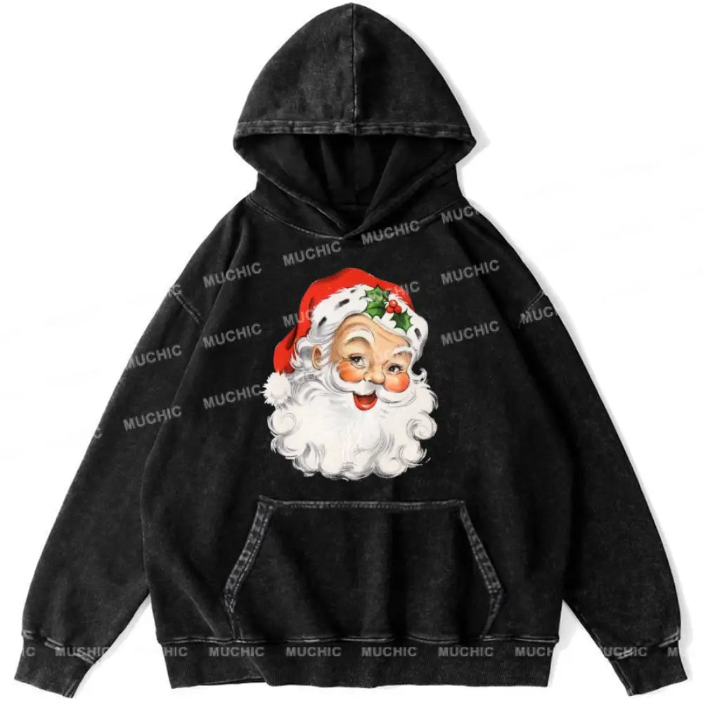 Muchic Santa Claus Unisex Printed Casual Washed Plush Thickening Hoodie Sweatshirt Black / M