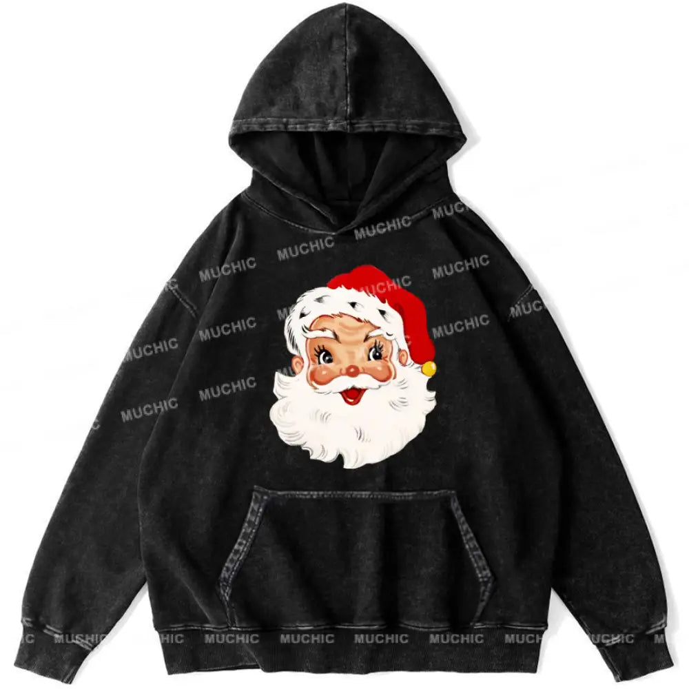 Muchic Santa Claus Unisex Printed Casual Washed Plush Thickening Hoodie Sweatshirt Black / M