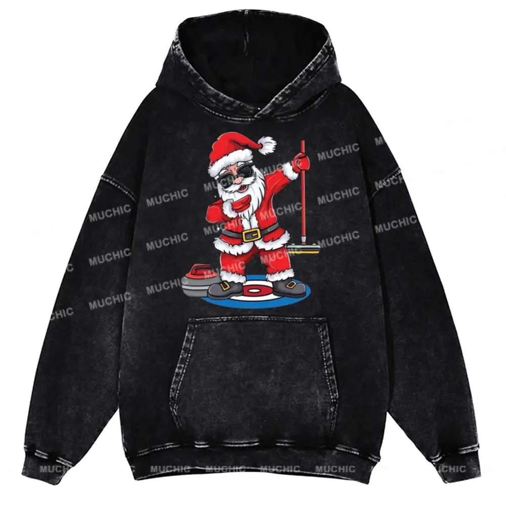 Muchic Santa Claus Unisex Printed Casual Washed Plush Thickening Hoodie Sweatshirt Black / M