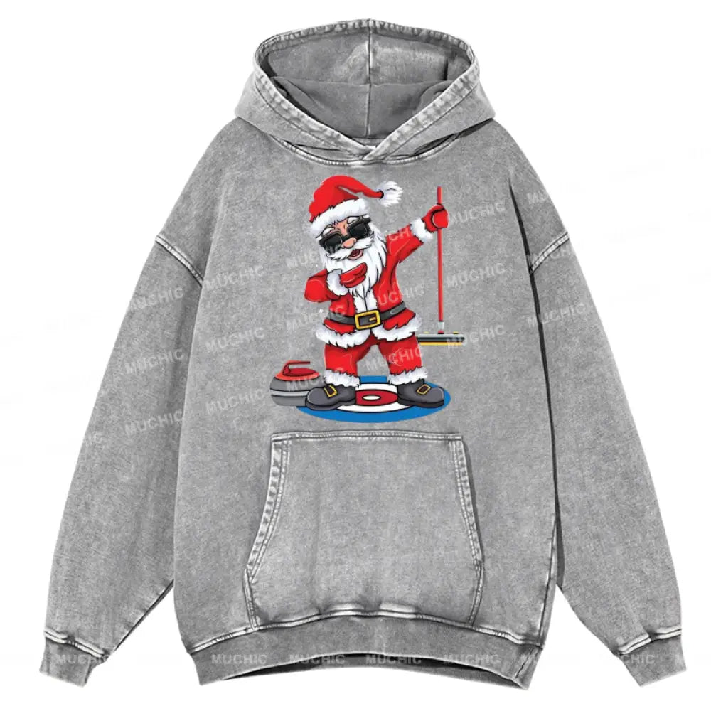 Muchic Santa Claus Unisex Printed Casual Washed Plush Thickening Hoodie Sweatshirt Grey / M