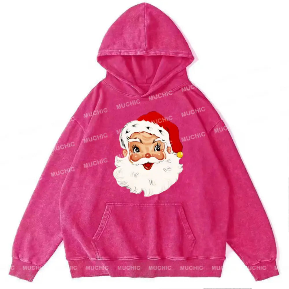 Muchic Santa Claus Unisex Printed Casual Washed Plush Thickening Hoodie Sweatshirt Hotpink / M