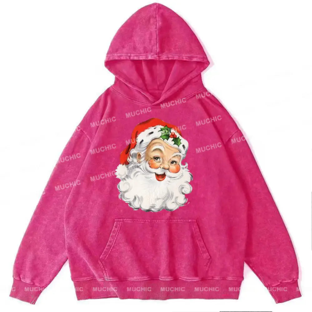 Muchic Santa Claus Unisex Printed Casual Washed Plush Thickening Hoodie Sweatshirt Hotpink / M