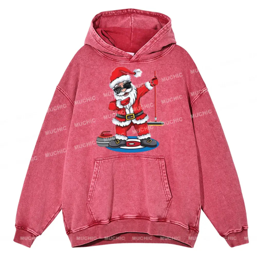 Muchic Santa Claus Unisex Printed Casual Washed Plush Thickening Hoodie Sweatshirt Hotpink / M