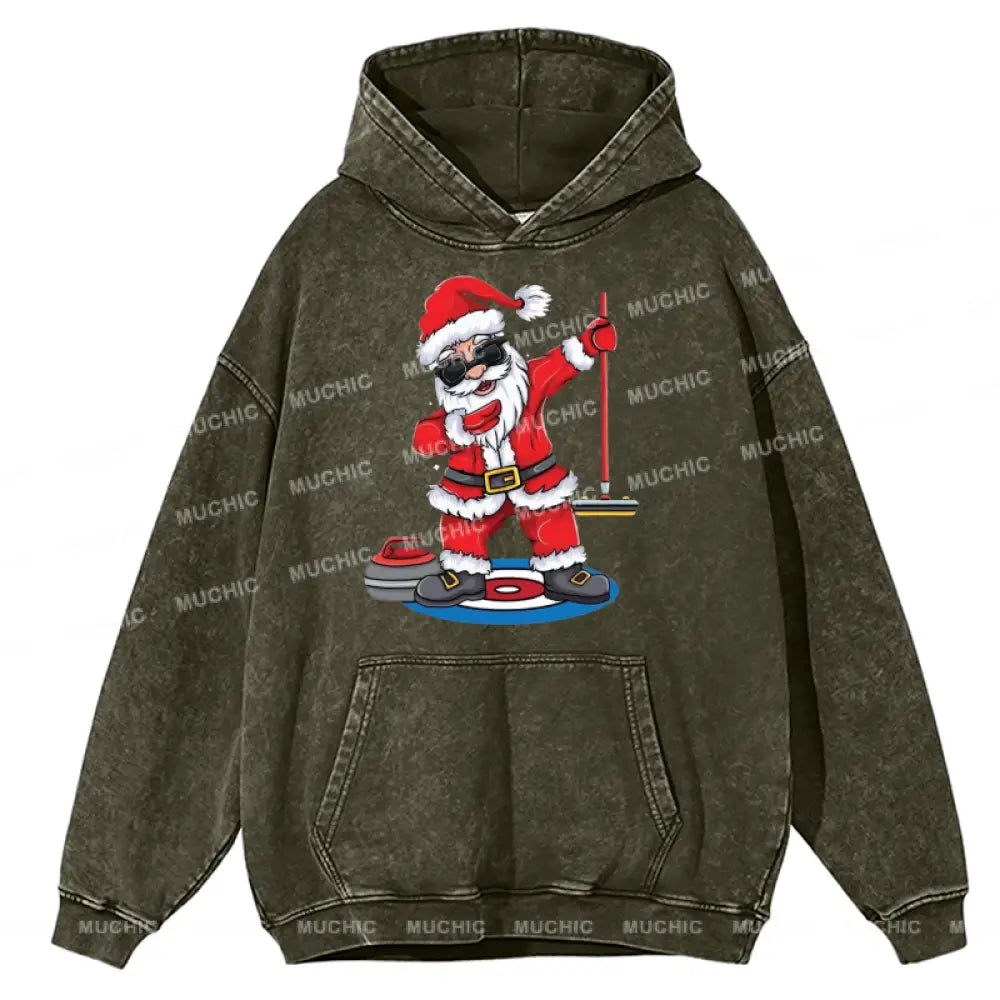 Muchic Santa Claus Unisex Printed Casual Washed Plush Thickening Hoodie Sweatshirt Olive / M