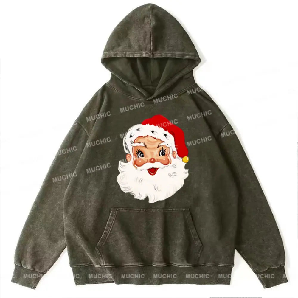 Muchic Santa Claus Unisex Printed Casual Washed Plush Thickening Hoodie Sweatshirt Olive / M