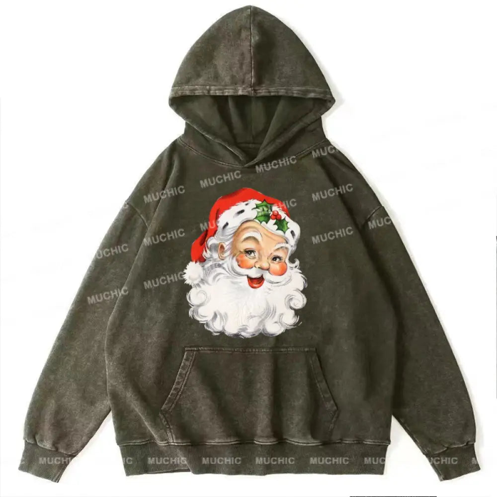 Muchic Santa Claus Unisex Printed Casual Washed Plush Thickening Hoodie Sweatshirt Olive / M