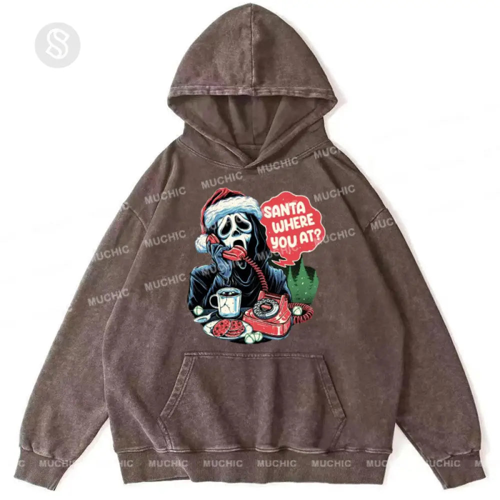 Santa Where You At Unisex Printed Casual Washed Hoodie Sweatshirt Peru / M