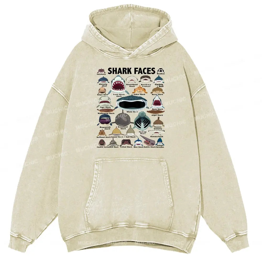 Shark Faces Unisex Printed Casual Washed Hoodie Sweatshirt Beige / M