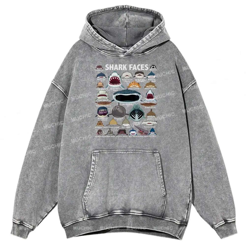 Shark Faces Unisex Printed Casual Washed Hoodie Sweatshirt Grey / M