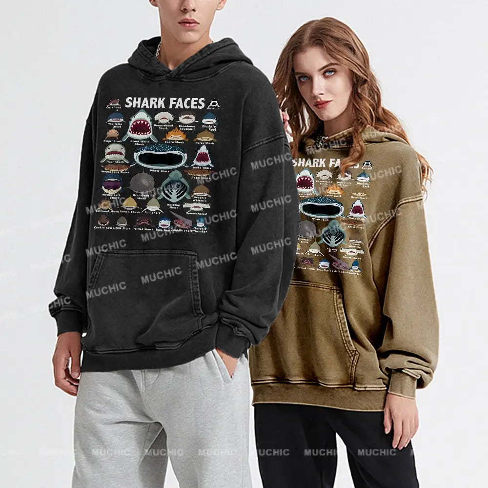 Shark Faces Unisex Printed Casual Washed Hoodie Sweatshirt