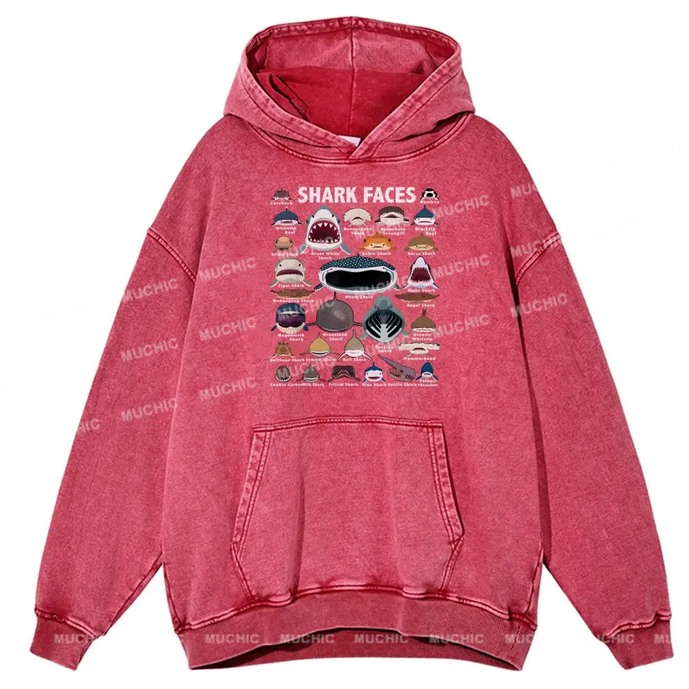 Shark Faces Unisex Printed Casual Washed Hoodie Sweatshirt Hotpink / M