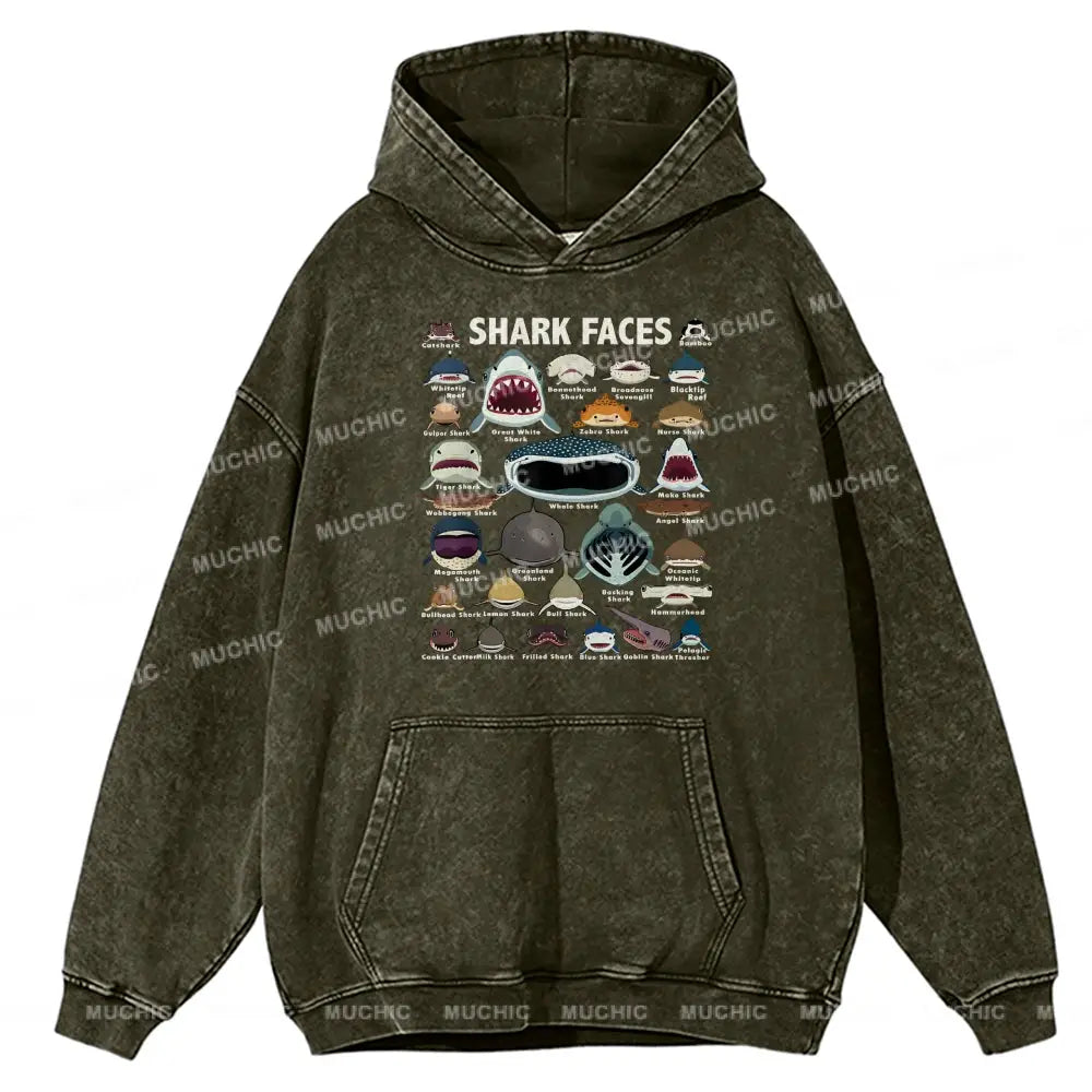 Shark Faces Unisex Printed Casual Washed Hoodie Sweatshirt Olive / M