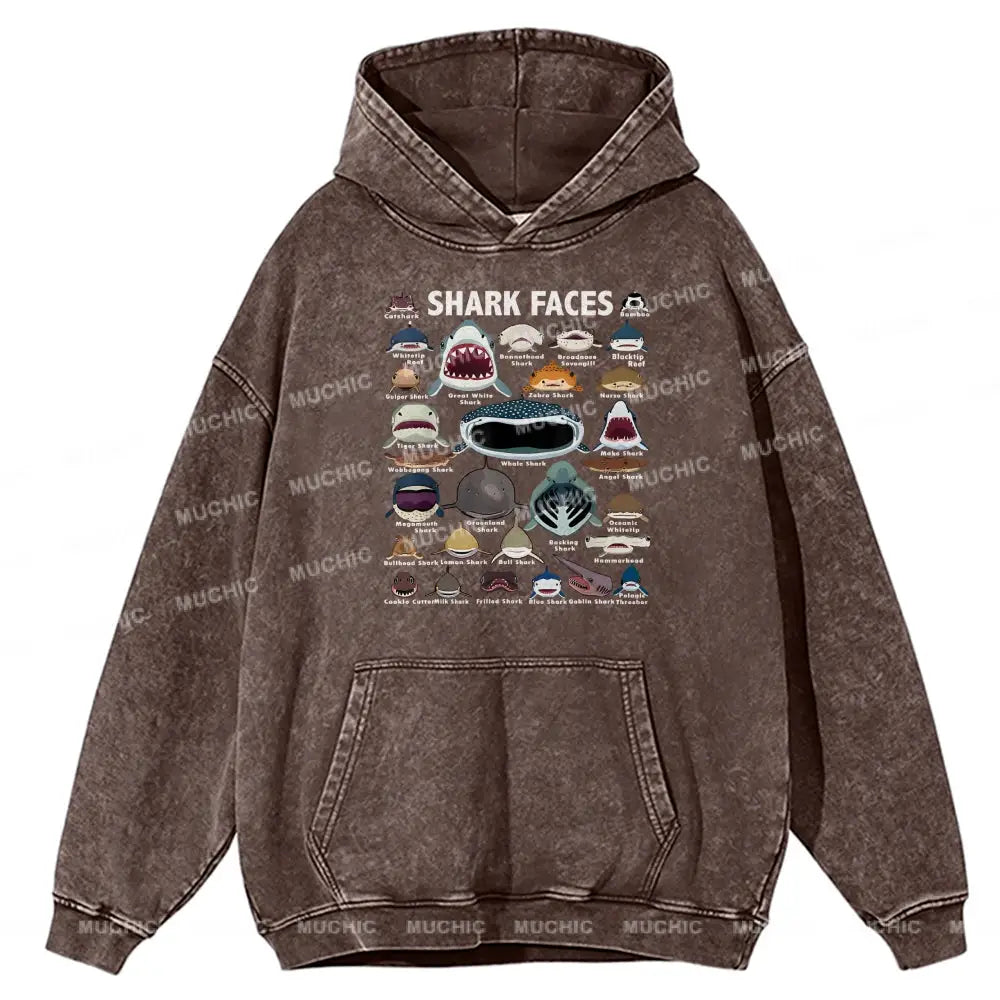 Shark Faces Unisex Printed Casual Washed Hoodie Sweatshirt Peru / M