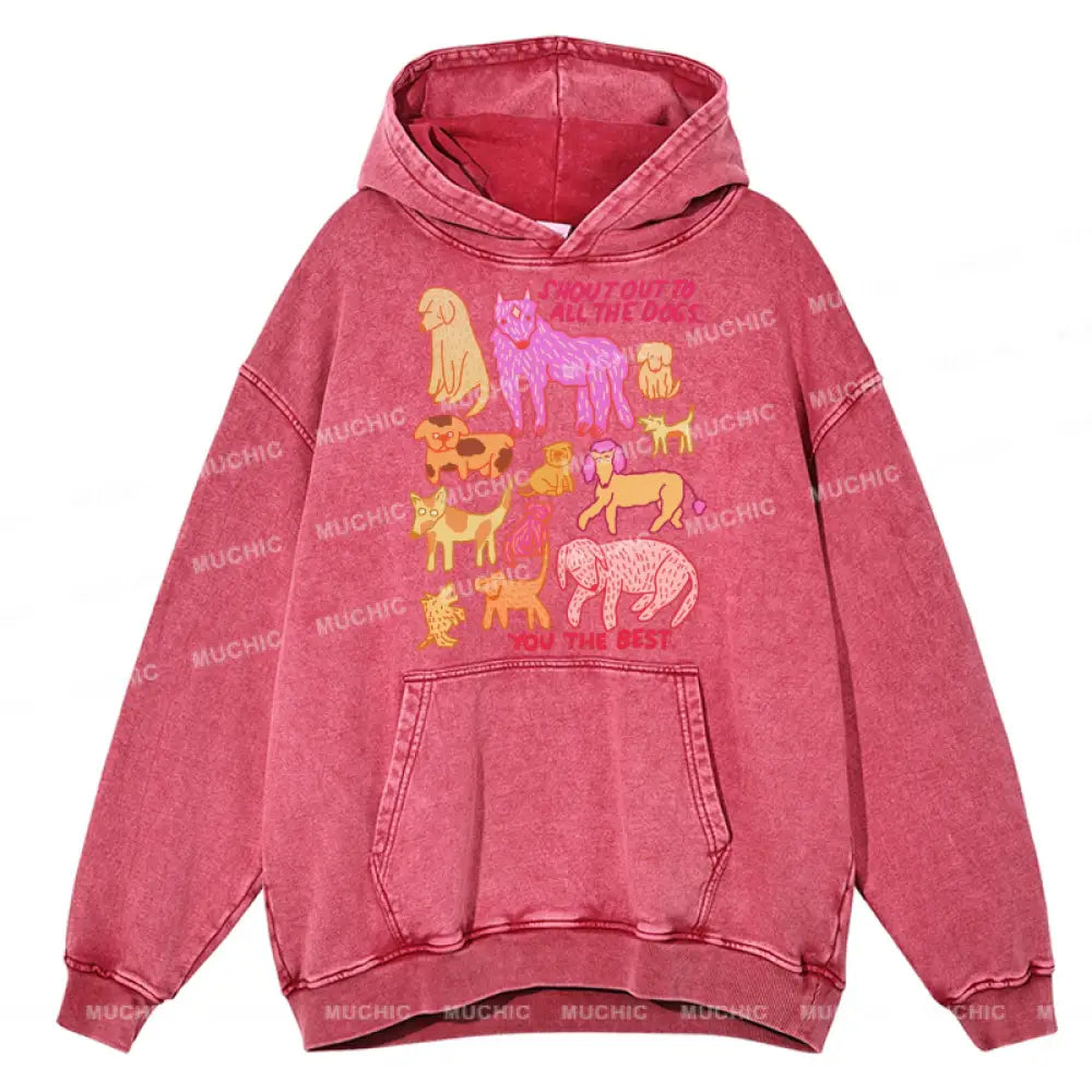 Shout Out To All The Dogs Unisex Printed Casual Washed Hoodie Sweatshirt Hotpink / M