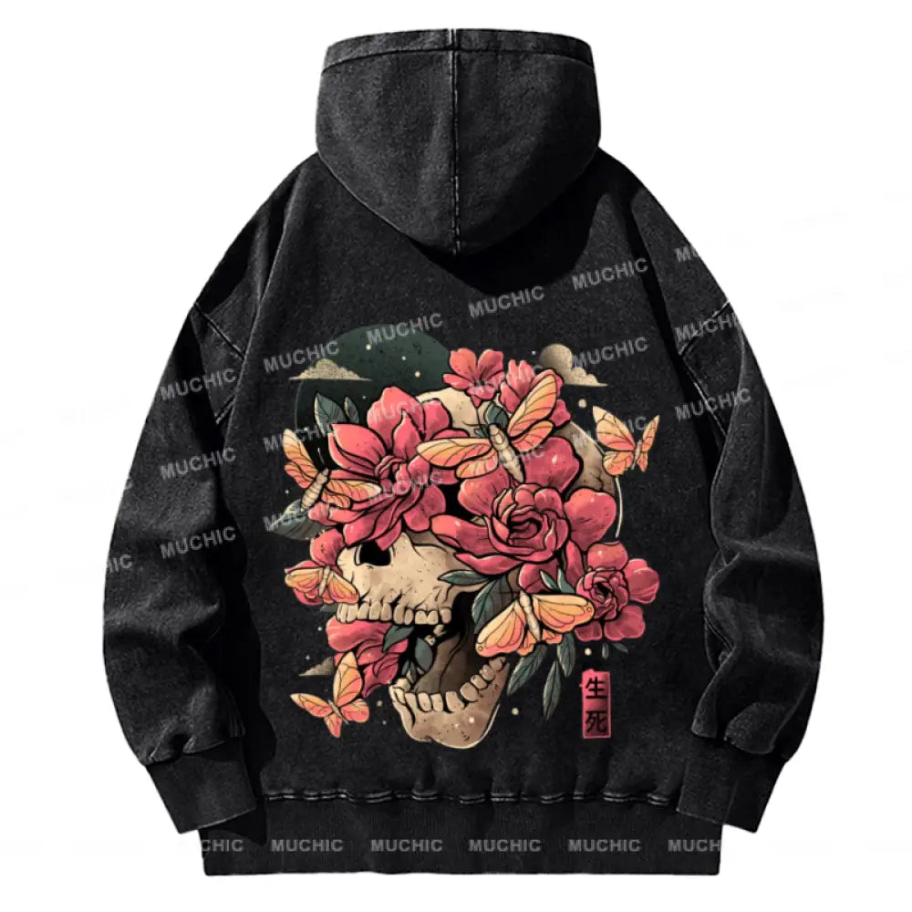 Skull Flowers Back Printed Unisex Casual Washed Hoodie Sweatshirt Black / M