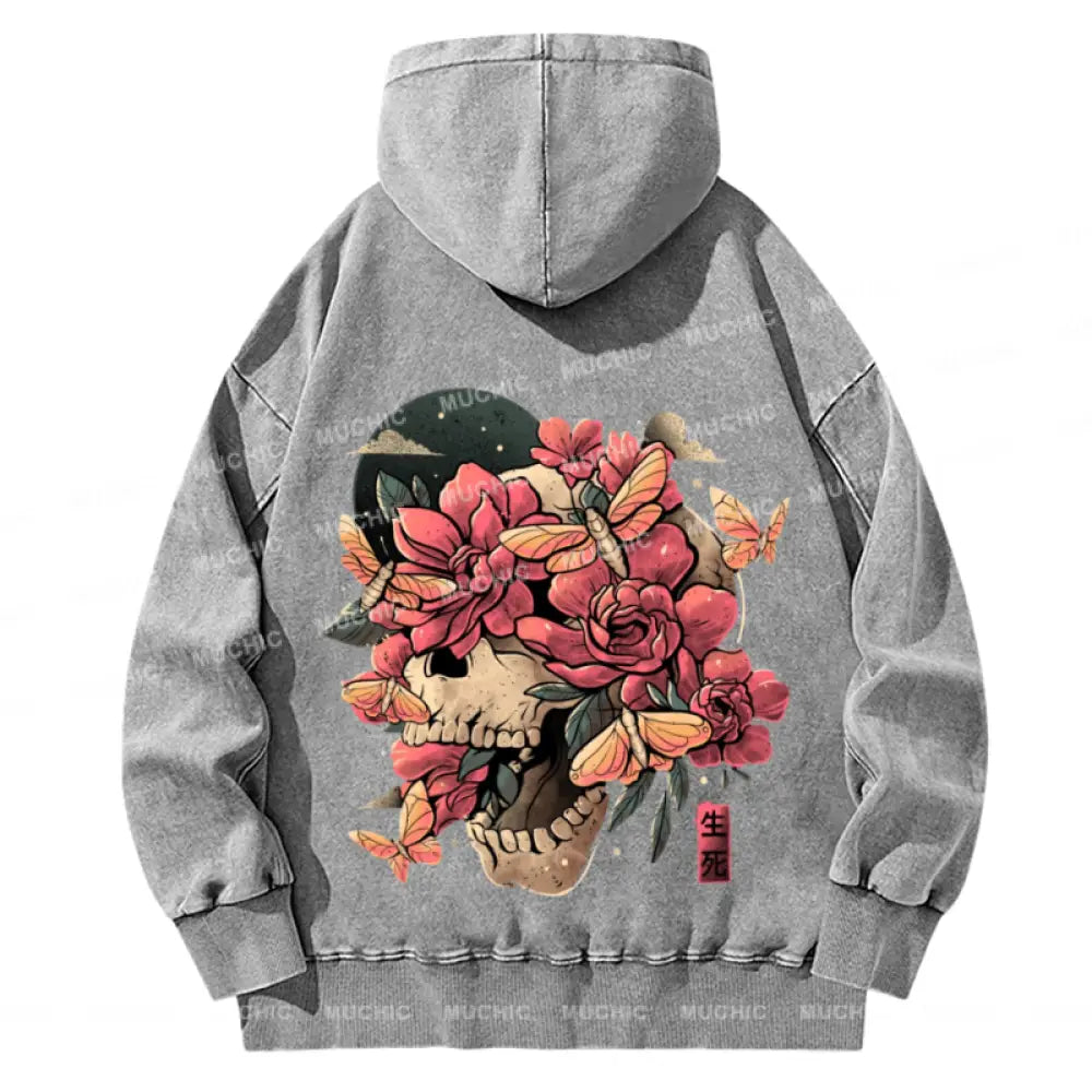 Skull Flowers Back Printed Unisex Casual Washed Hoodie Sweatshirt Grey / M