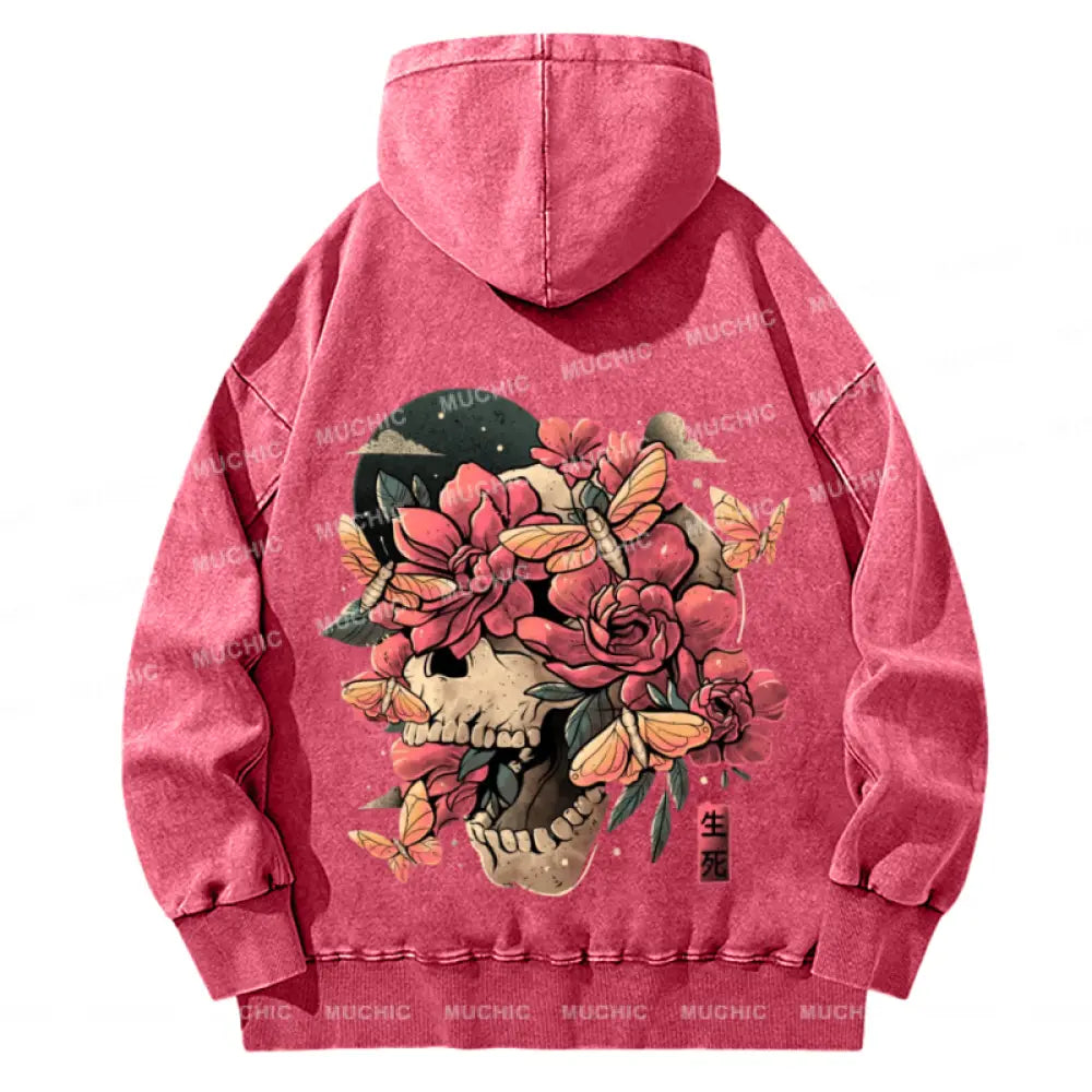 Skull Flowers Back Printed Unisex Casual Washed Hoodie Sweatshirt Hotpink / M