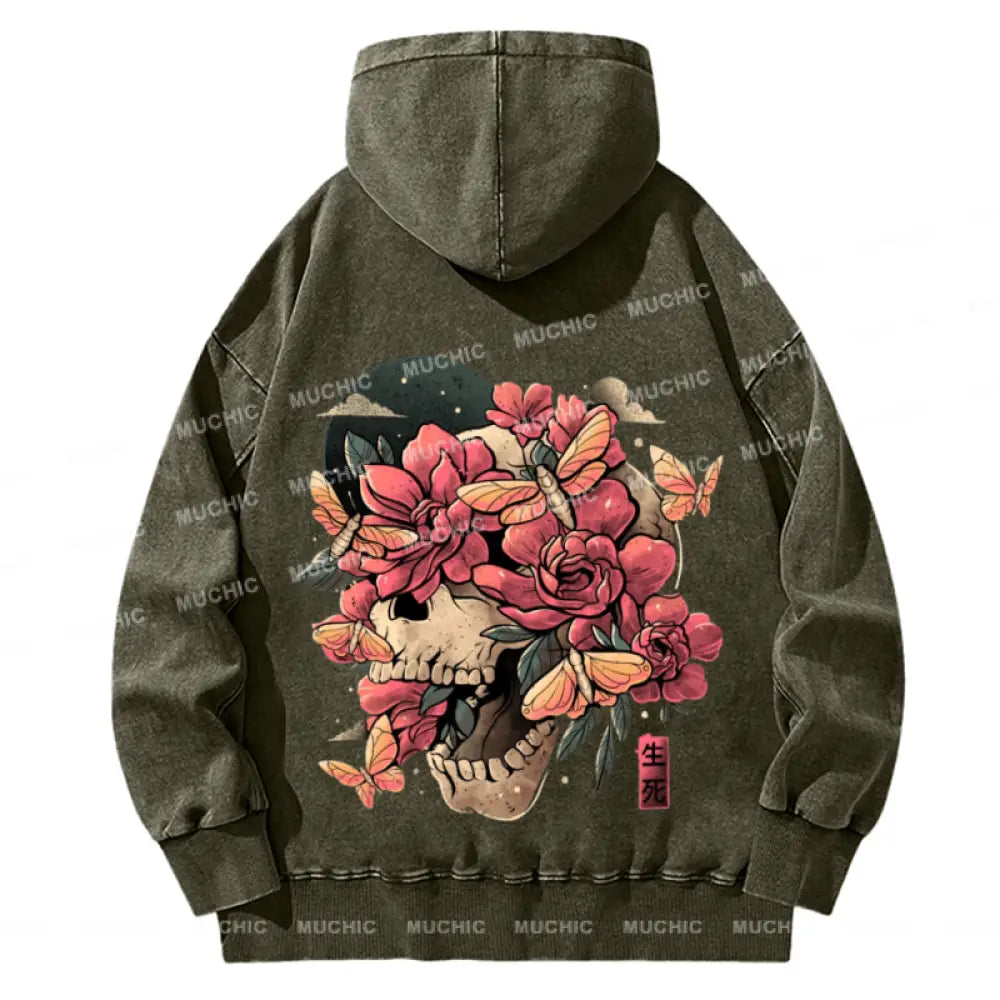 Skull Flowers Back Printed Unisex Casual Washed Hoodie Sweatshirt Olive / M