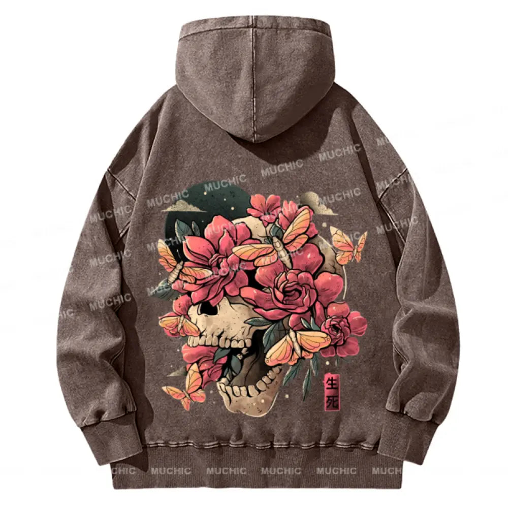 Skull Flowers Back Printed Unisex Casual Washed Hoodie Sweatshirt Peru / M