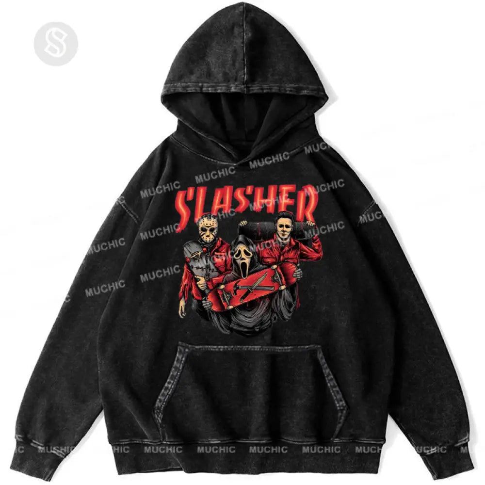 Slasher Unisex Printed Casual Washed Hoodie Sweatshirt Black / M