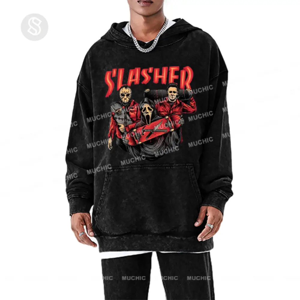 Slasher Unisex Printed Casual Washed Hoodie Sweatshirt