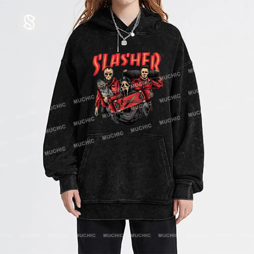 Slasher Unisex Printed Casual Washed Hoodie Sweatshirt