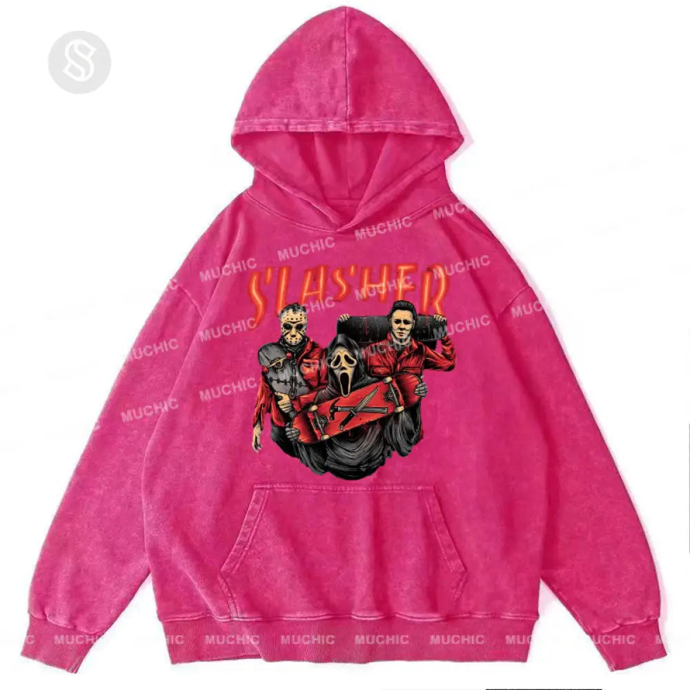 Slasher Unisex Printed Casual Washed Hoodie Sweatshirt Hotpink / M