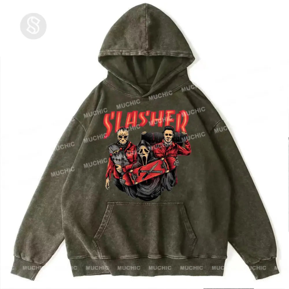 Slasher Unisex Printed Casual Washed Hoodie Sweatshirt Olive / M