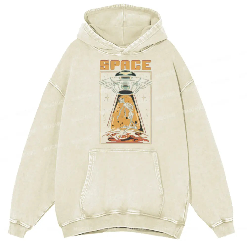 Space Unisex Printed Casual Washed Hoodie Sweatshirt Beige / Xl