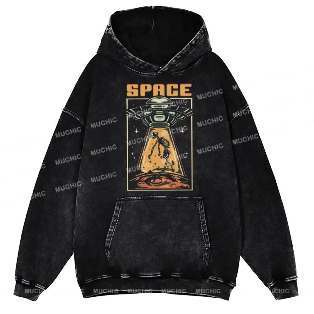 Space Unisex Printed Casual Washed Hoodie Sweatshirt Black / Xl