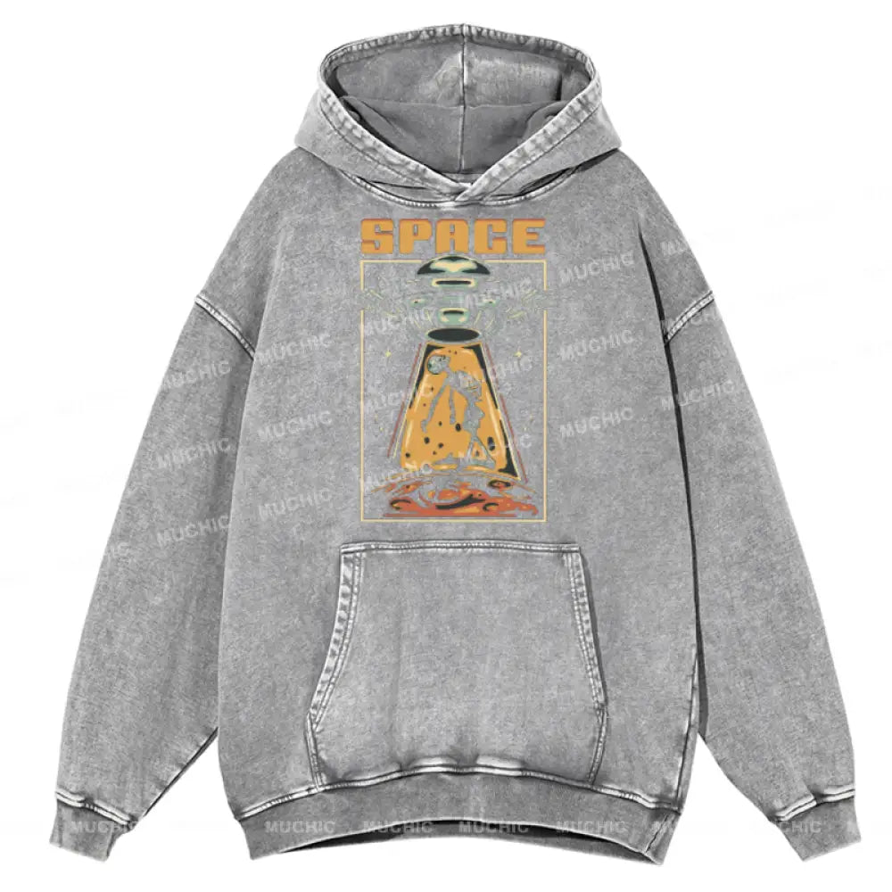 Space Unisex Printed Casual Washed Hoodie Sweatshirt Grey / Xl