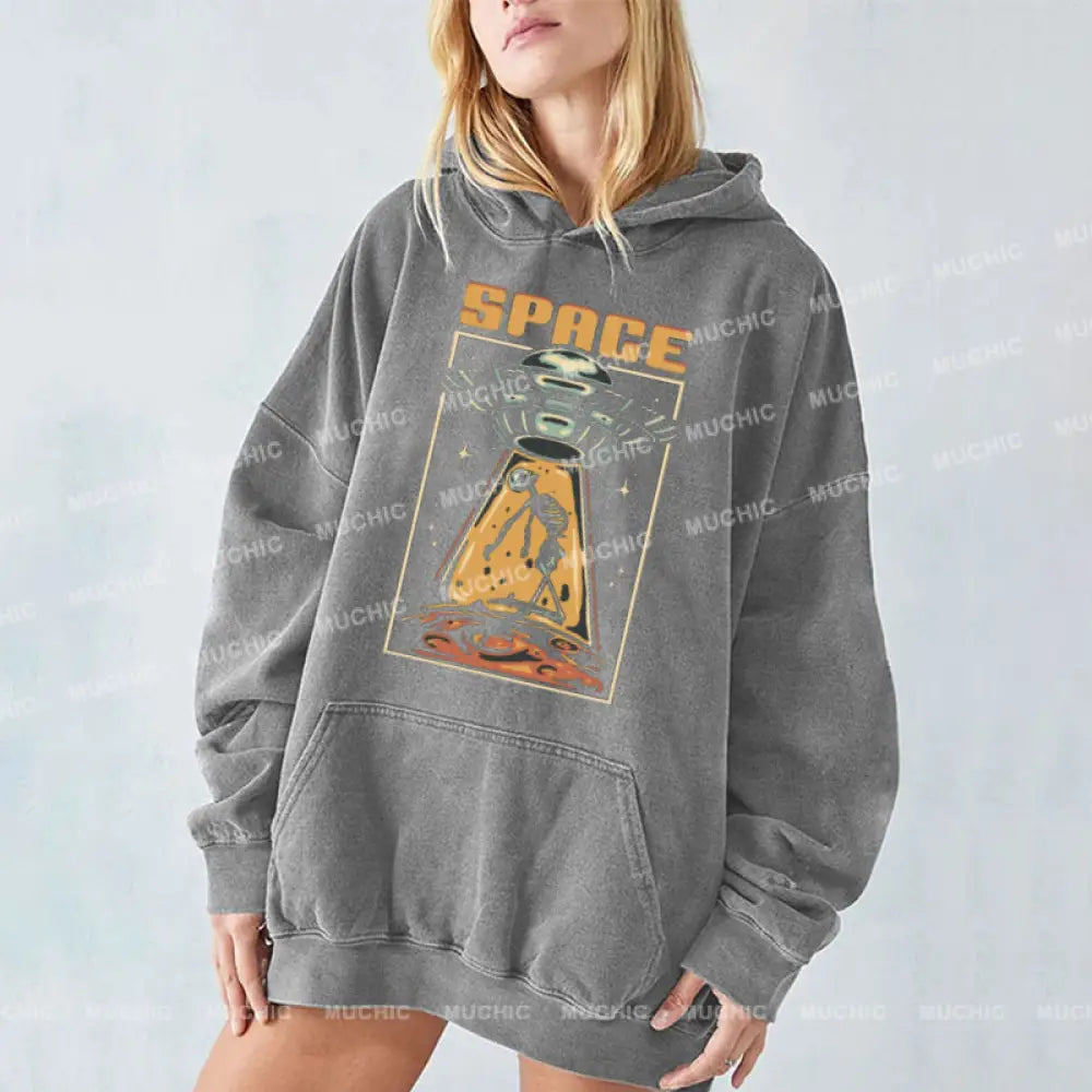 Space Unisex Printed Casual Washed Hoodie Sweatshirt