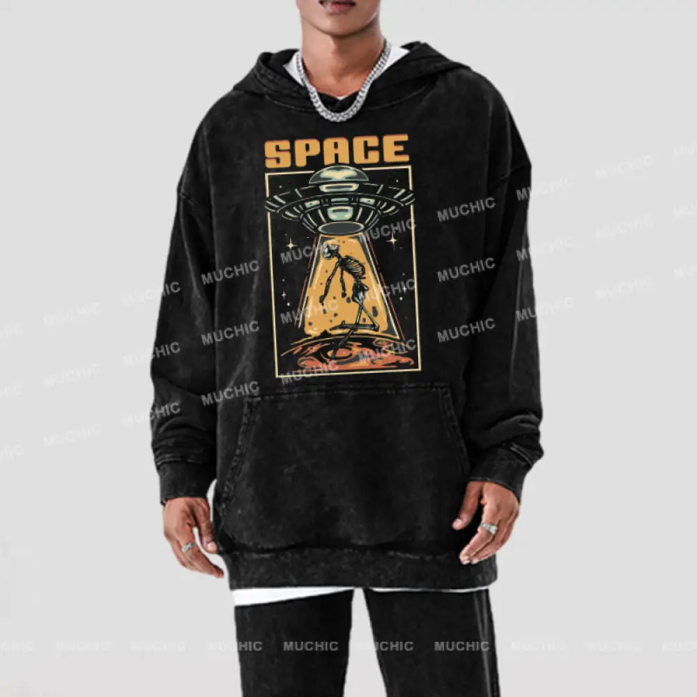 Space Unisex Printed Casual Washed Hoodie Sweatshirt