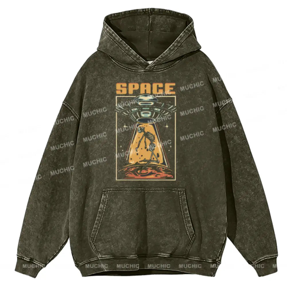 Space Unisex Printed Casual Washed Hoodie Sweatshirt Olive / Xl