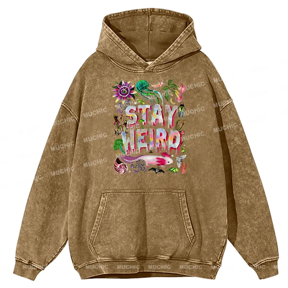 Stay Weird Unisex Printed Casual Washed Hoodie Sweatshirt Khaki / M