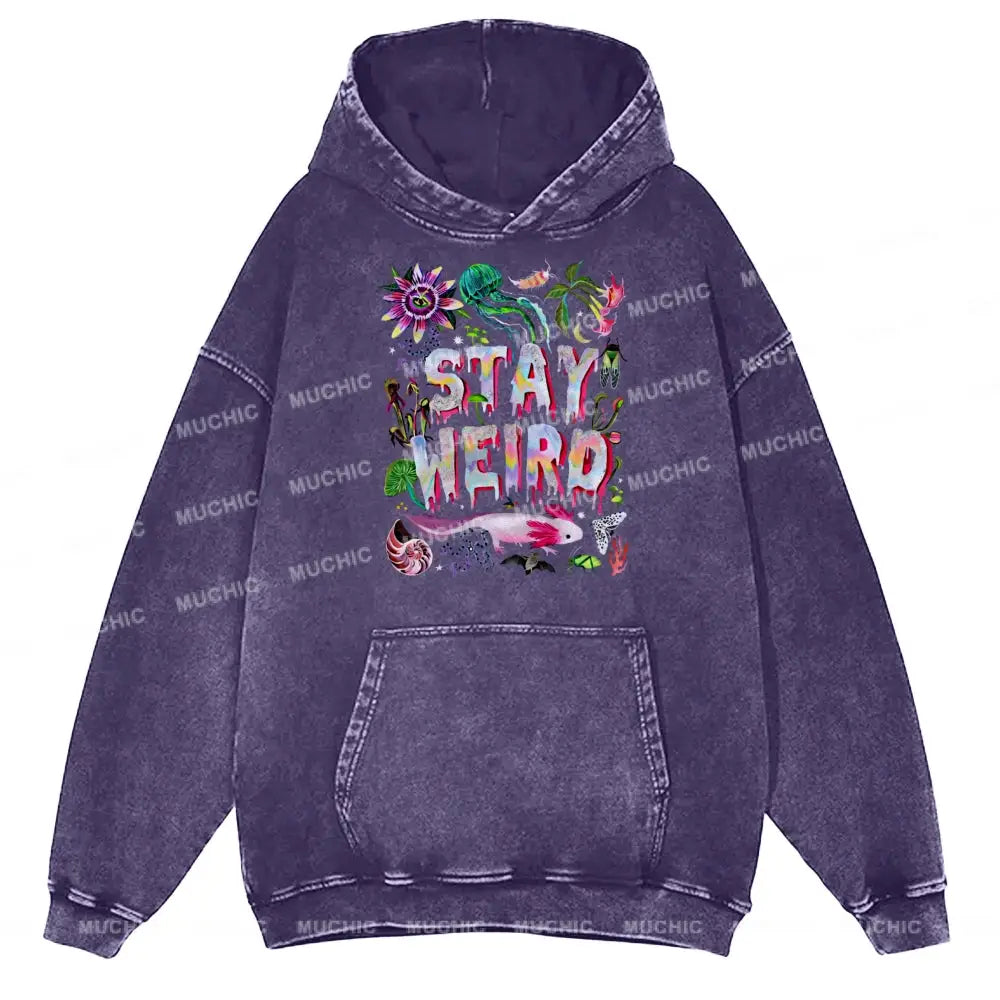 Stay Weird Unisex Printed Casual Washed Hoodie Sweatshirt Purple / M