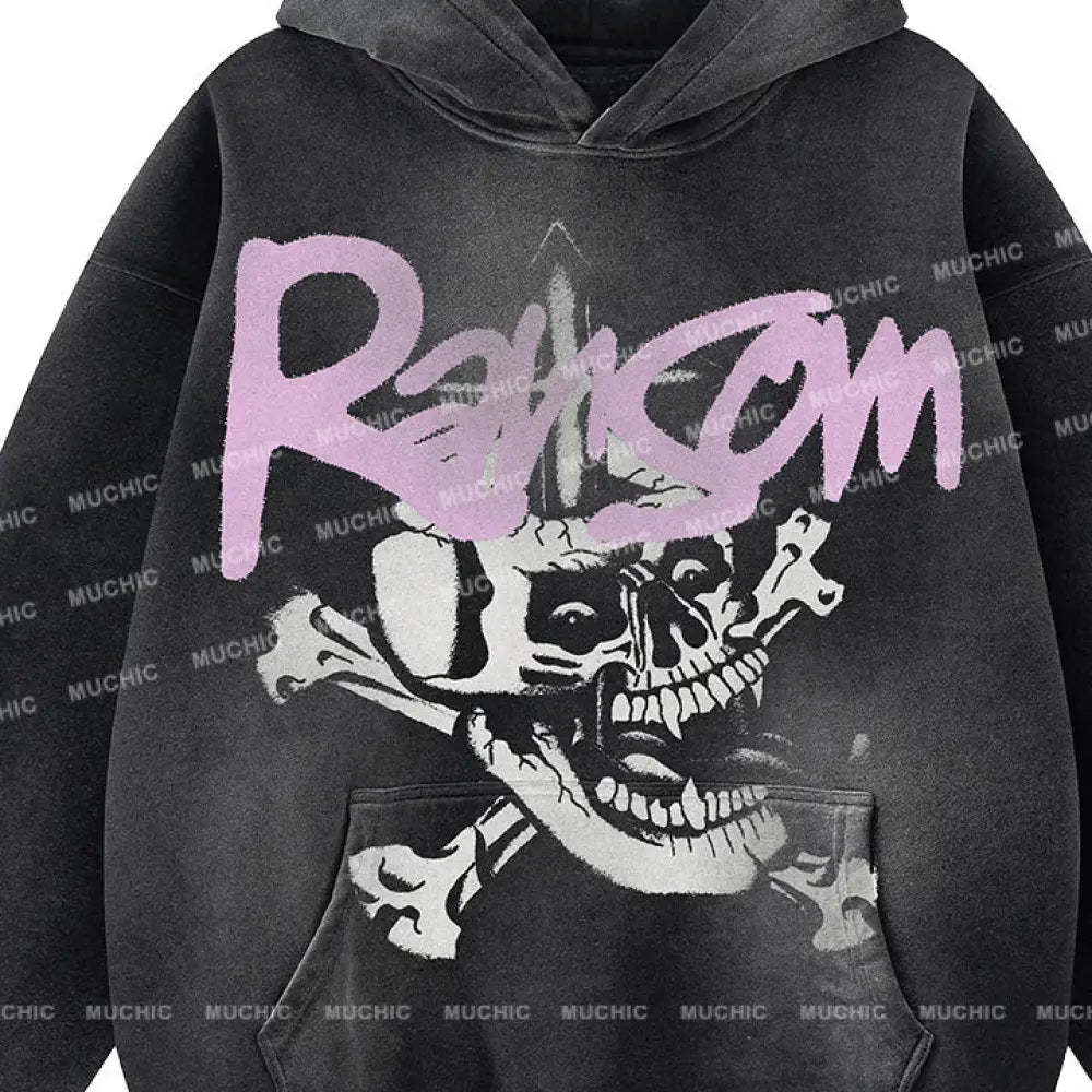 Muchic Street Style Skull And Cross Graphic Print Loose Hooded Long Sleeve Sweatshirt