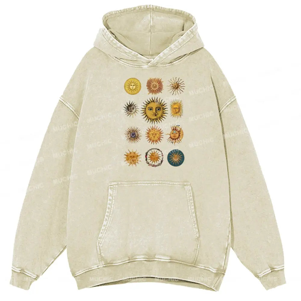 Sun Character Unisex Printed Casual Washed Hoodie Sweatshirt Beige / M