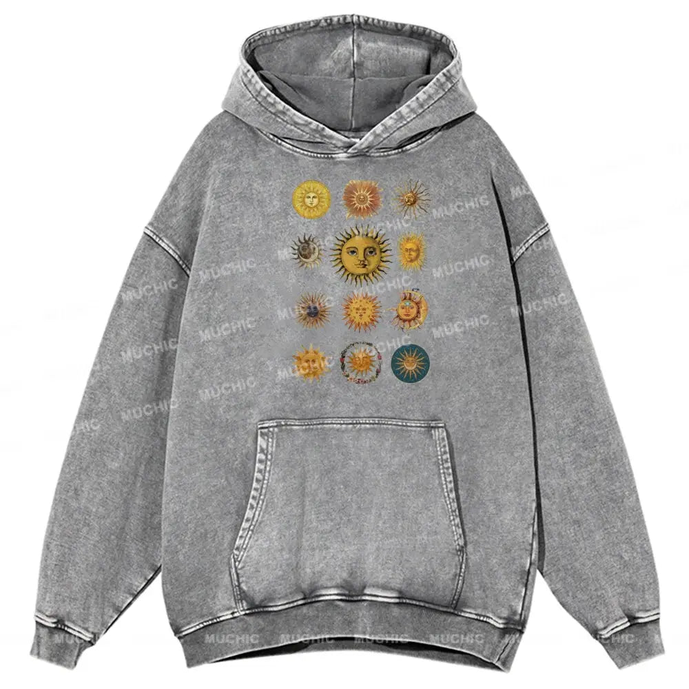 Sun Character Unisex Printed Casual Washed Hoodie Sweatshirt Grey / M