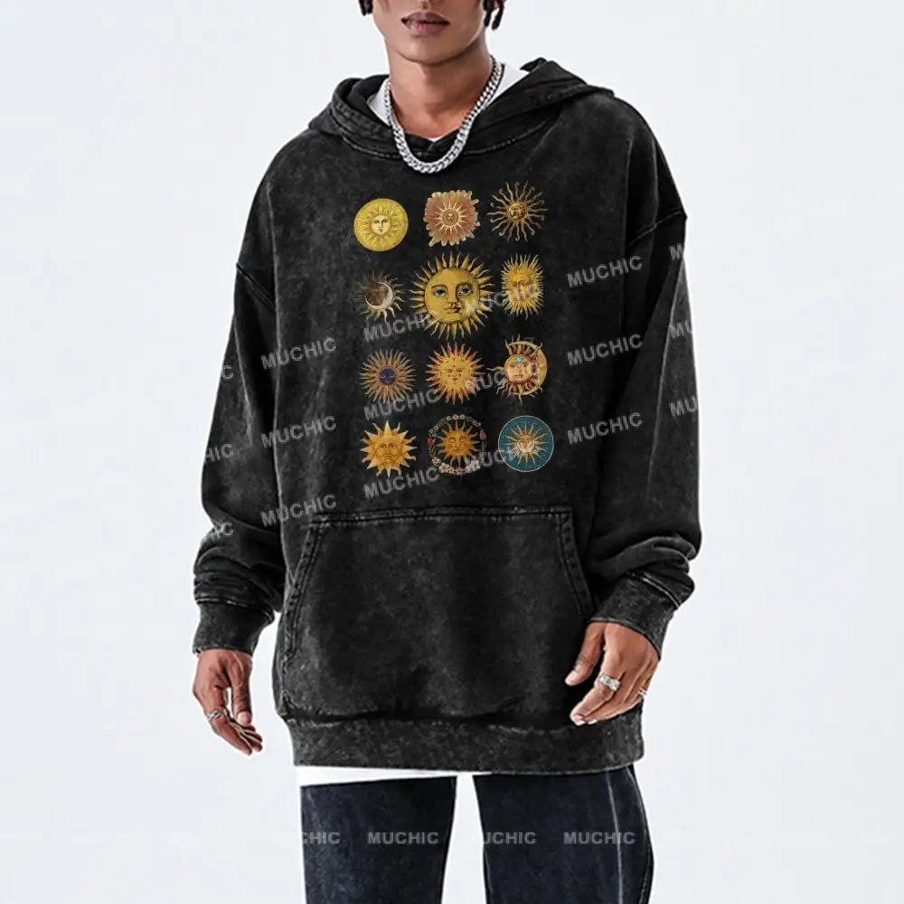 Sun Character Unisex Printed Casual Washed Hoodie Sweatshirt