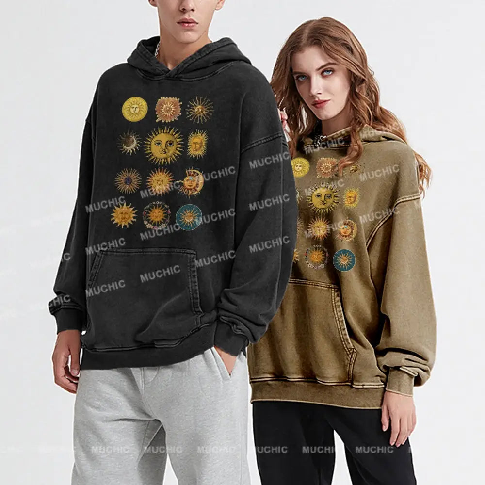 Sun Character Unisex Printed Casual Washed Hoodie Sweatshirt