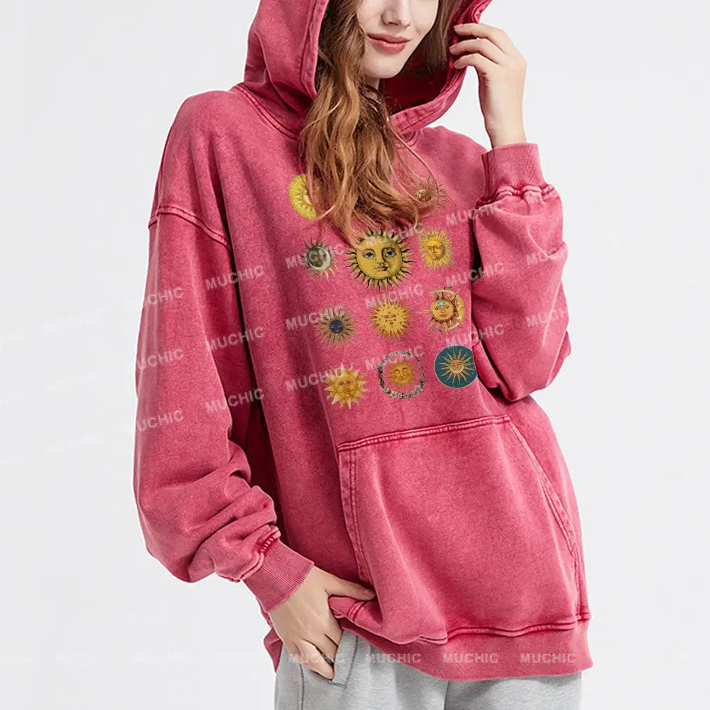 Sun Character Unisex Printed Casual Washed Hoodie Sweatshirt